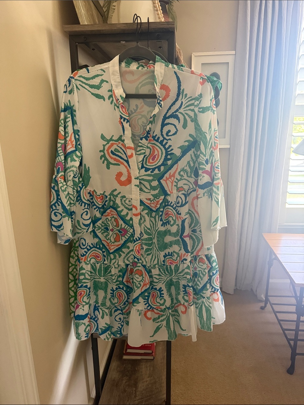 Vibrant White Tunic with Teal & Coral Print